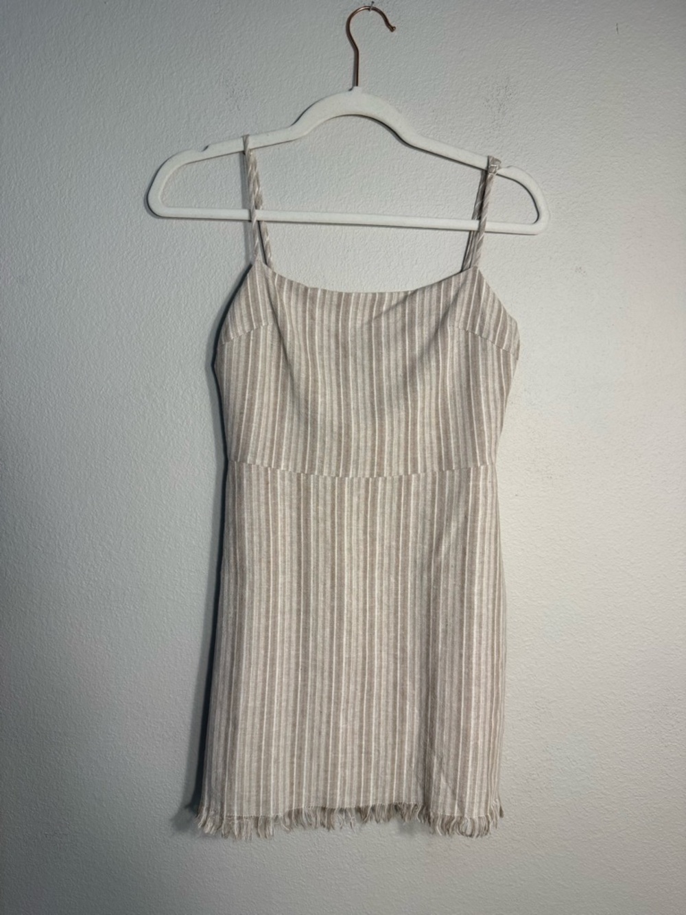 Altar'd State Coastal Linen Blend Striped Dress Fringed Raw Hem Mini S beach